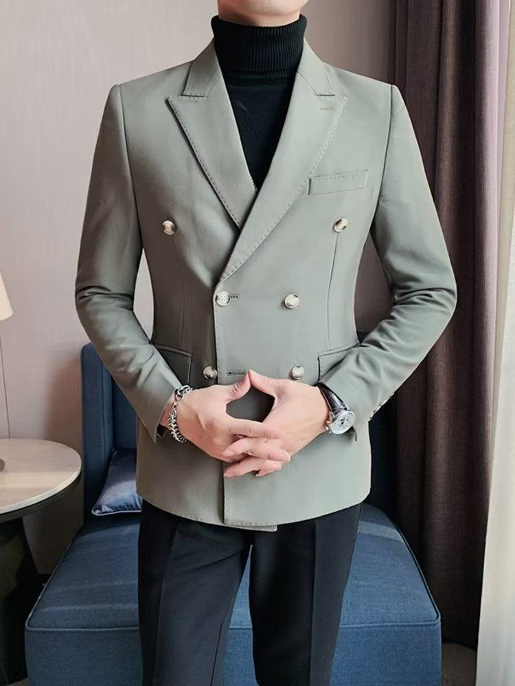 Dubbelrijs Casual Pak Jas Voor Heren Blazers Lente Herfst High-end Brits Zakelijk Trendy Afslankend Glad Silhouet_voghion.com