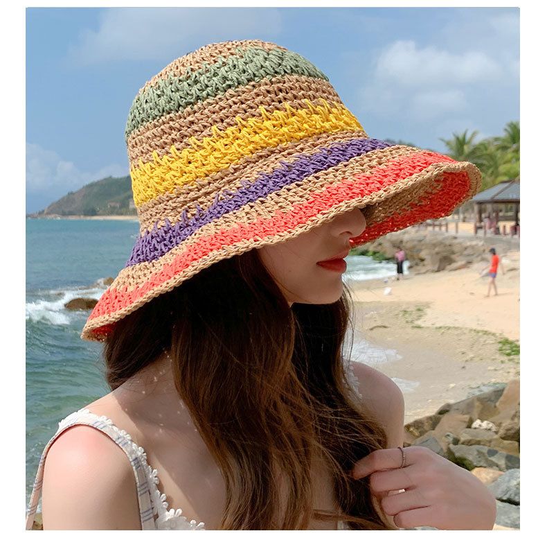 Sraw da donna pieghevole bohemien spiaggia arcobaleno colorato pescatore He Sun, che mostra un piccolo viso coprente, alla moda Po_voghion.com