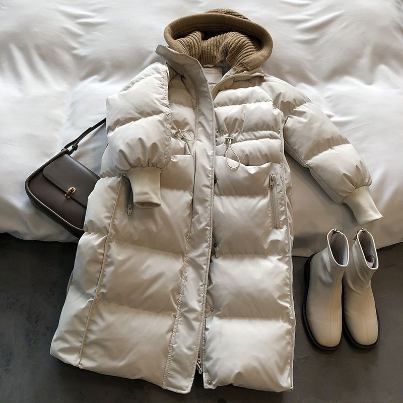 Gestrickte Daunenmütze mit Kapuze für Damen im Winter, mittellange neue koreanische Version, lockere und dicke warme Baumwolljacke_voghion.com