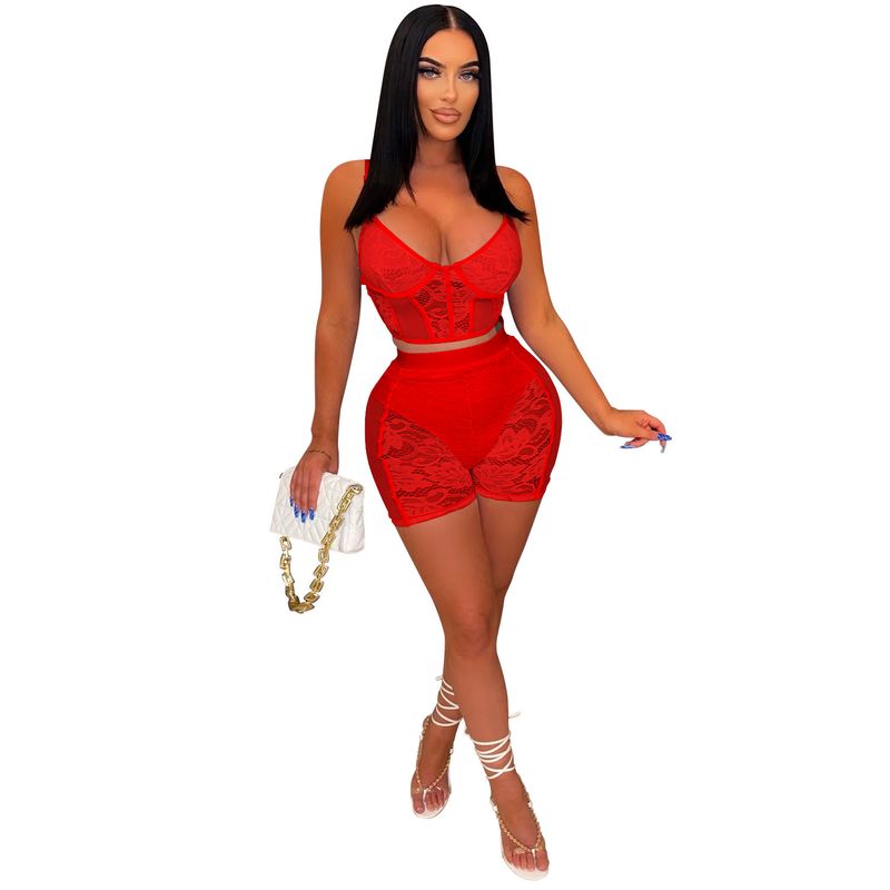 Damenbekleidung, modisches zweiteiliges Set für Damen, einfarbig, sexy Spitze, ärmellose Shorts_voghion.com