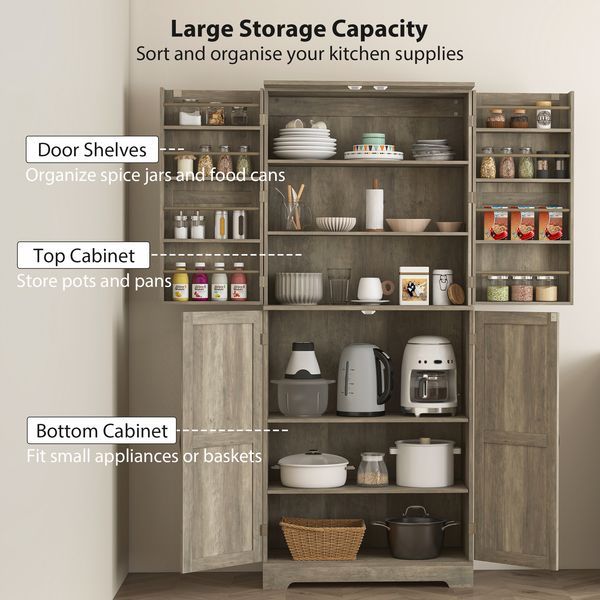 HOMCOM Farmhouse Kitchen Pantry, 72' Tall Pantry Cabinet With 4 Barn Doors, 4 Adjustable Shelves And 8 Door Shelves, Gray Wash_voghion.com