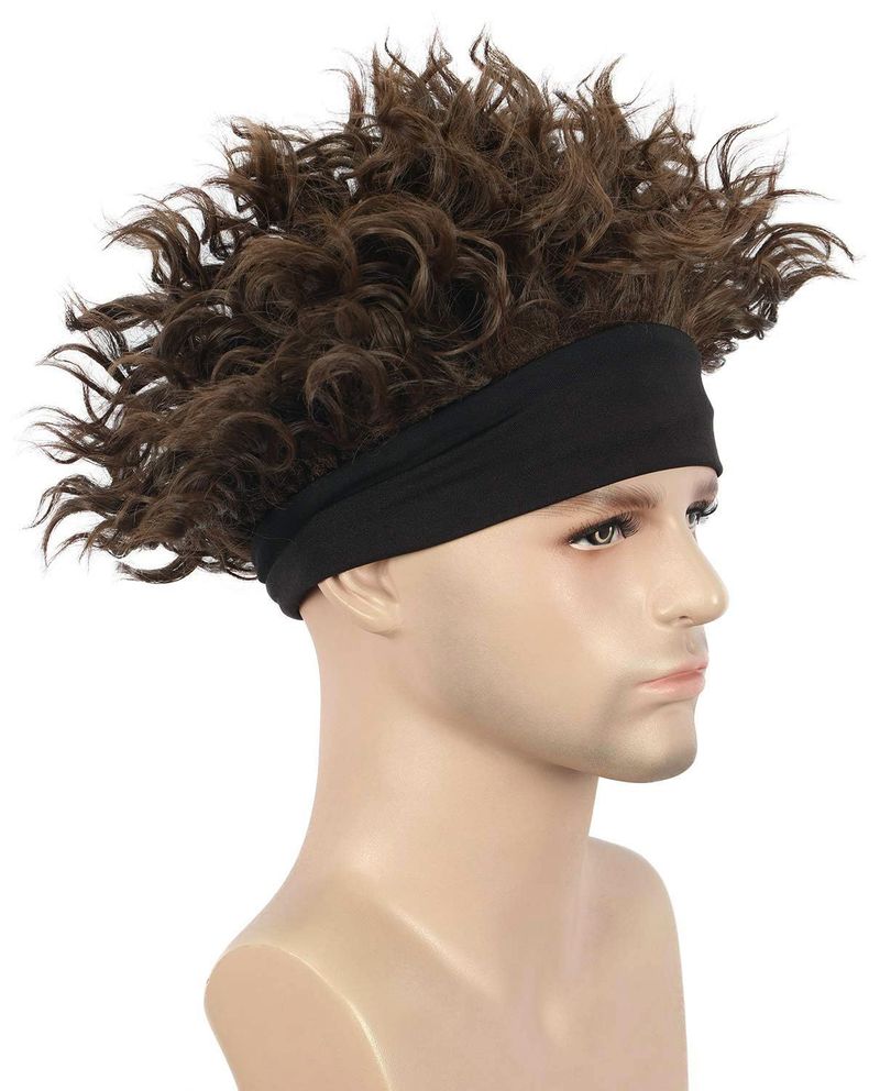 Perruque synthétique à clipser pour homme, courte, bouclée, brune, noire, bandeau, accessoire de jeu de rôle pour Halloween_voghion.com