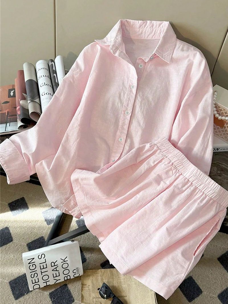 Completo da donna con camicia a maniche lunghe e pantaloncini - Completo minimalista in due pezzi in poliestere per abbigliamento casual e da ufficio (S-XL)_voghion.com