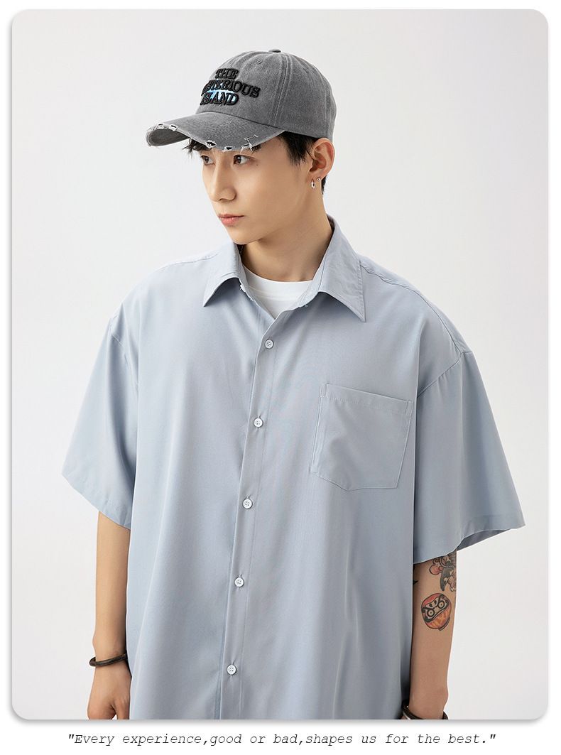 Men's Lightweight Drape Short Sleeve Shirt - Summer Casual Linen-Like Oversized Shirt For Couples (Pink/Black/Blue/Beige)_voghion.com