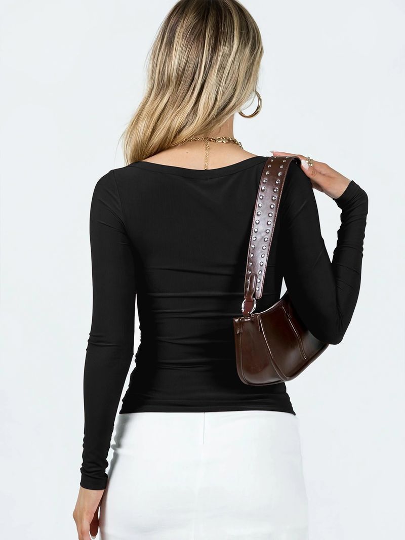 Elegante maglia a maniche lunghe con scollo a U - T-shirt elasticizzata slim fit per donna, morbido misto seta al latte, versatile capo da indossare a strati per lavoro e tempo libero_voghion.com