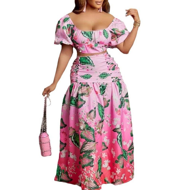 Vêtements pour femmes, mode décontractée, polyvalent, imprimé dégradé de feuilles, costume deux pièces_voghion.com