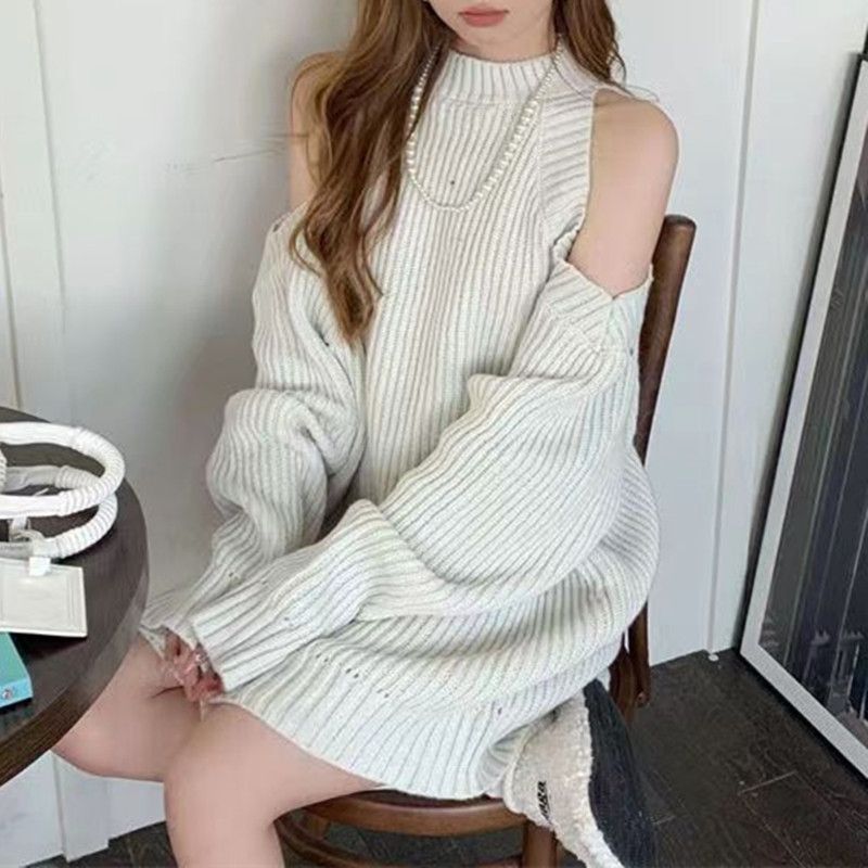 Off-the-shoulder Knitted Sweater Women's Commute Pure Desire Wind Thick Needle Hole Medium And Long Women's Sweater Top Tide_voghion.com