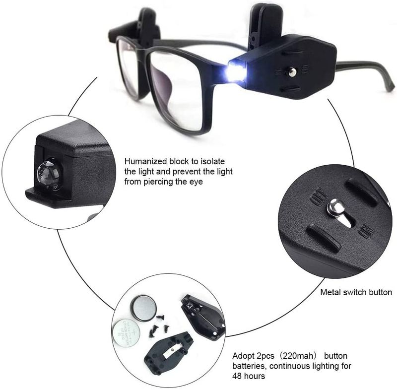 1 paio di occhiali da lettura, torcia per occhiali con clip LED, luce per occhiali, torcia per lettura notturna_voghion.com