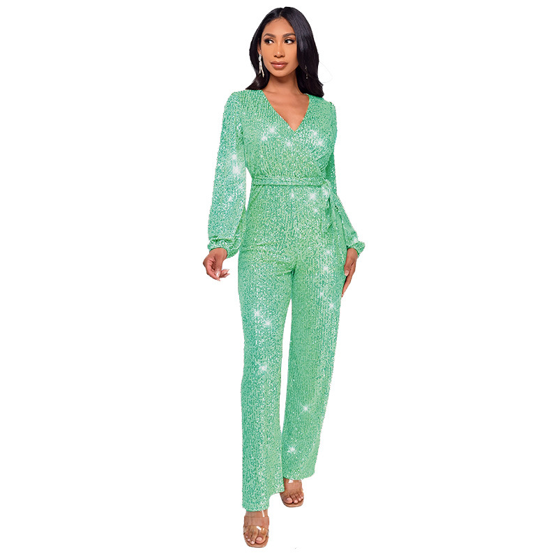 Damkläder Ins Style Deep V Mode Casual Jumpsuit Långärmat Bälte Paljett Jumpsuit Dam_voghion.com
