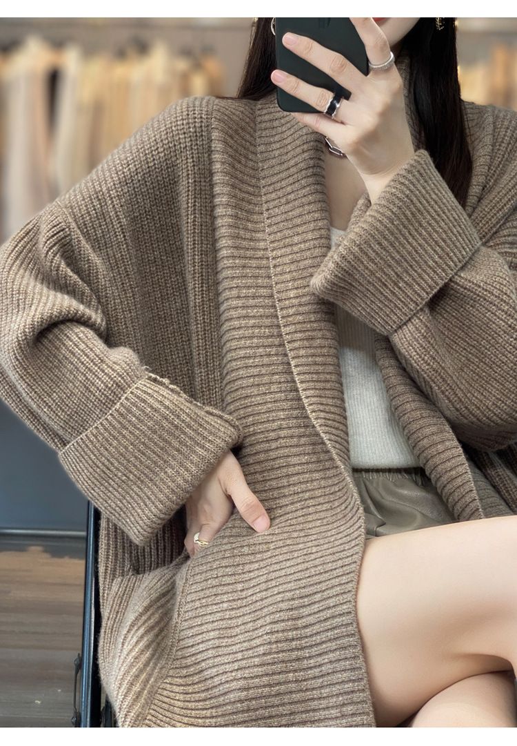 Women's Long Knit Sweater – Oversized Wrap Style (One Size, Gray/Taupe/Camel/Brown,Thick Ribbed Texture, Office-to-Outing Versatility)_voghion.com