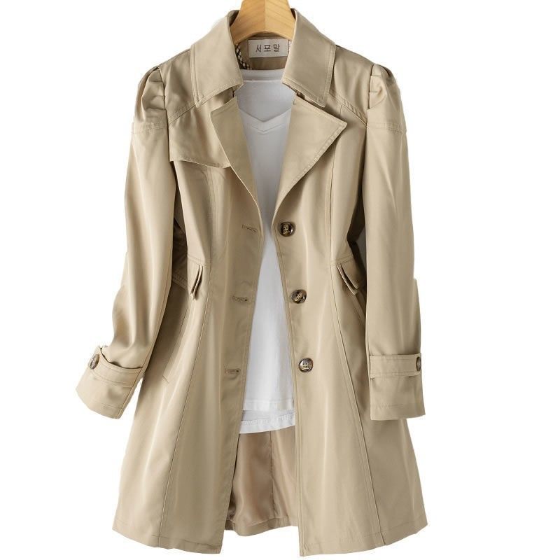 Trench slim fit da donna, giacca casual a maniche lunghe di media lunghezza con colletto a revers (cachi, rosa, nero, beige)_voghion.com