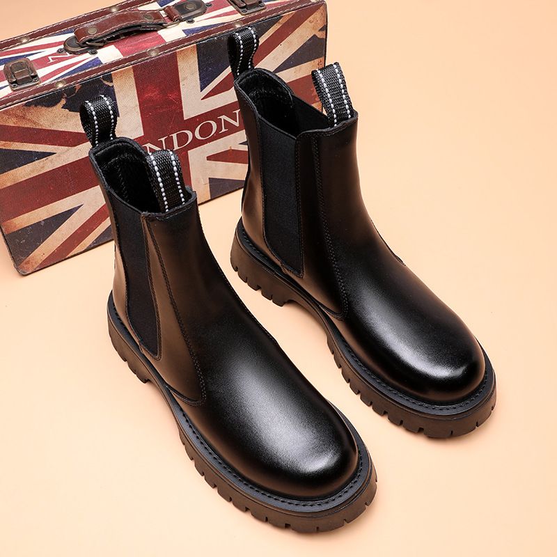 Chelsea Boots Men's Niche Heightened Thick-soled Martin Boots Black Side Zipper High-top Casual Short Boots_voghion.com