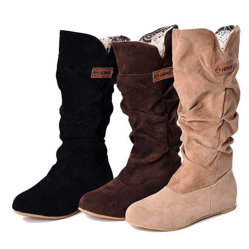 Frosted Mid-Tube Plissee Stiefel Flache Spitze Vintage Ritterstiefel_voghion.com