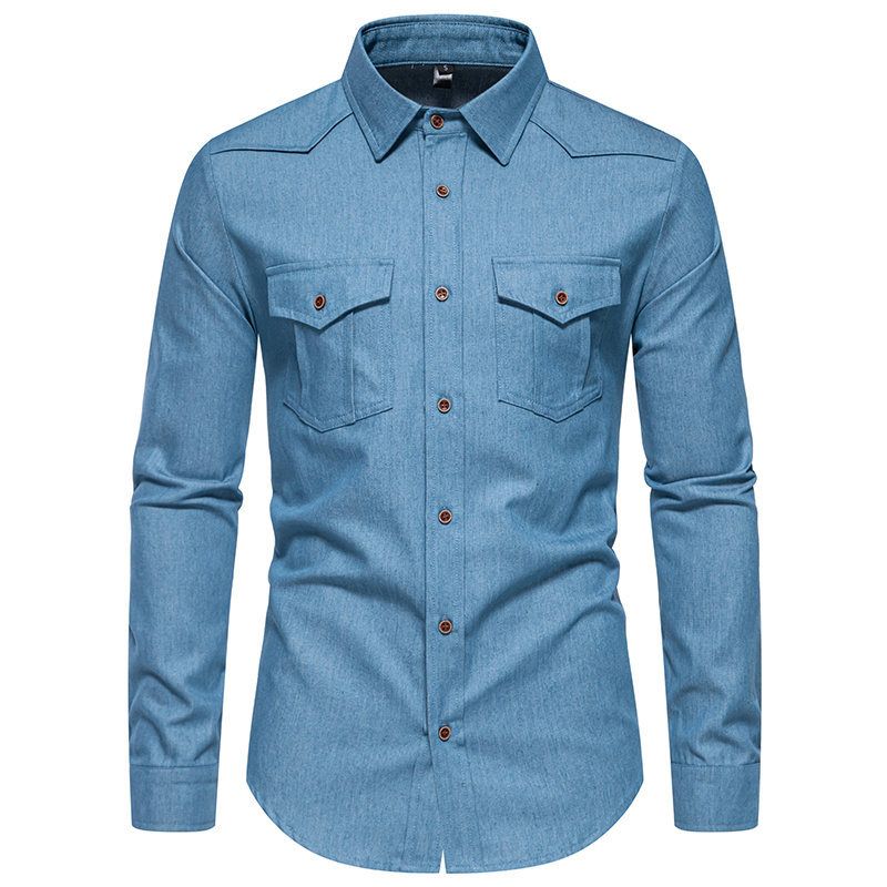 Jesensko/zimska nova moška jeans srajca z dolgimi rokavi in dvojnim žepom, evropska velikost, z reverjem_voghion.com