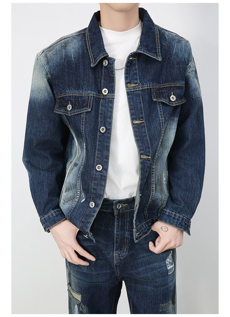 Roupas masculinas retrô jeans desgastado jaqueta lavada solta calças retas_voghion.com