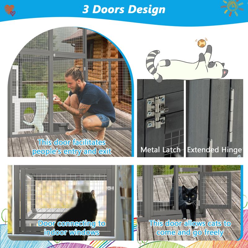 Outdoor Wooden Cat Catio - Large Solid Wood Cat Cage Playpen With 2 Jumping Platforms & 7 Napping Houses, Walk-in Cat Kennel Condo Shelter, Grey_voghion.com