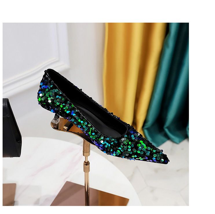 Glitzernde High Heels mit spitzer Zehenpartie für Damen – Elegante Partyschuhe mit niedrigem Schnitt und Glitzerstoff und bequemem Mittelabsatz für Frühling und Herbst_voghion.com