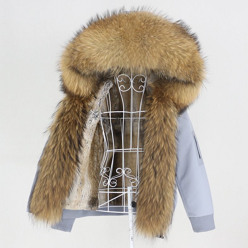 Damenbekleidung Parka im neuen Stil mit dickem Kaninchenfellfutter, abnehmbarem echtem Fuchspelz, großer Pelzkragenjacke, Pelzmantel_voghion.com