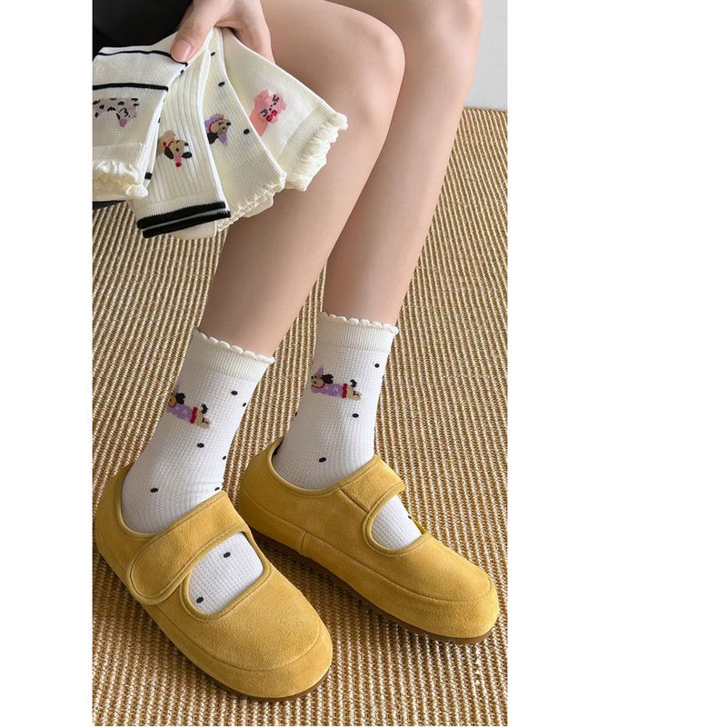 Cartoon Puppy Cotton Socks Spring And Summer Thin Women's Ins Polka Dot Stripes Milk White Hundred Hundred Medium Socks_voghion.com