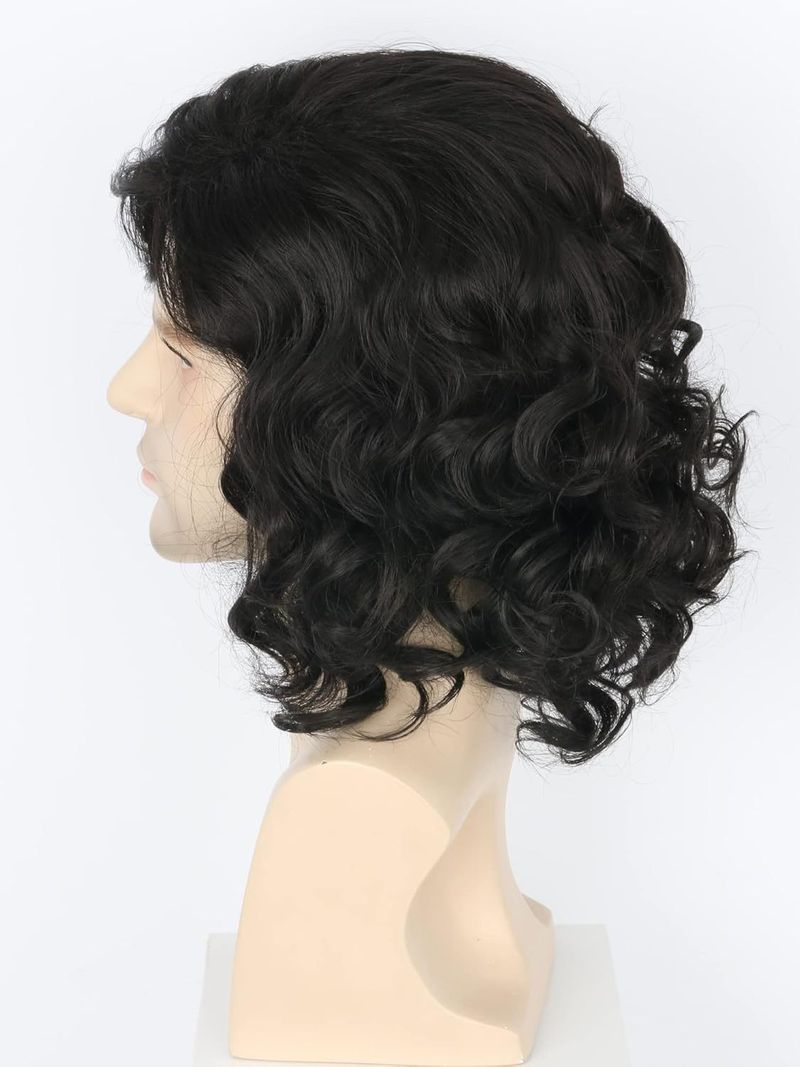 Peluca sintética con clip para hombre, nueva, negra, esponjosa, corta, rizada, con flequillo lateral y fibra química._voghion.com