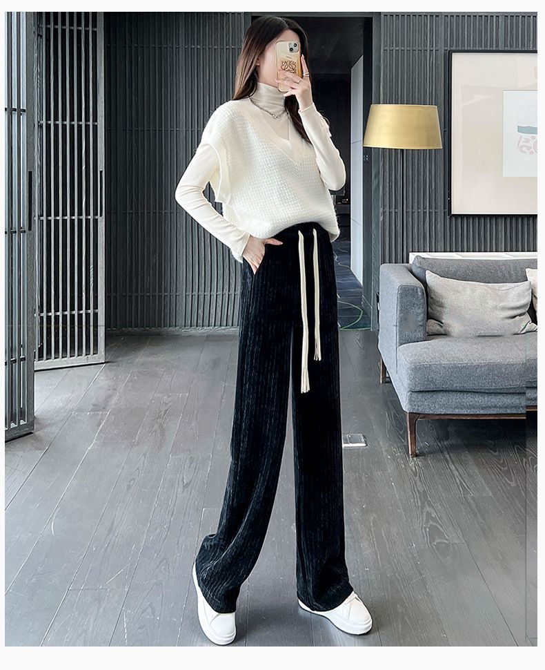 Pantaloni da donna a gamba larga in velluto a coste e ciniglia - Vita alta, taglio dritto con fodera in morbido pile, pantaloni invernali alla moda e comodi_voghion.com