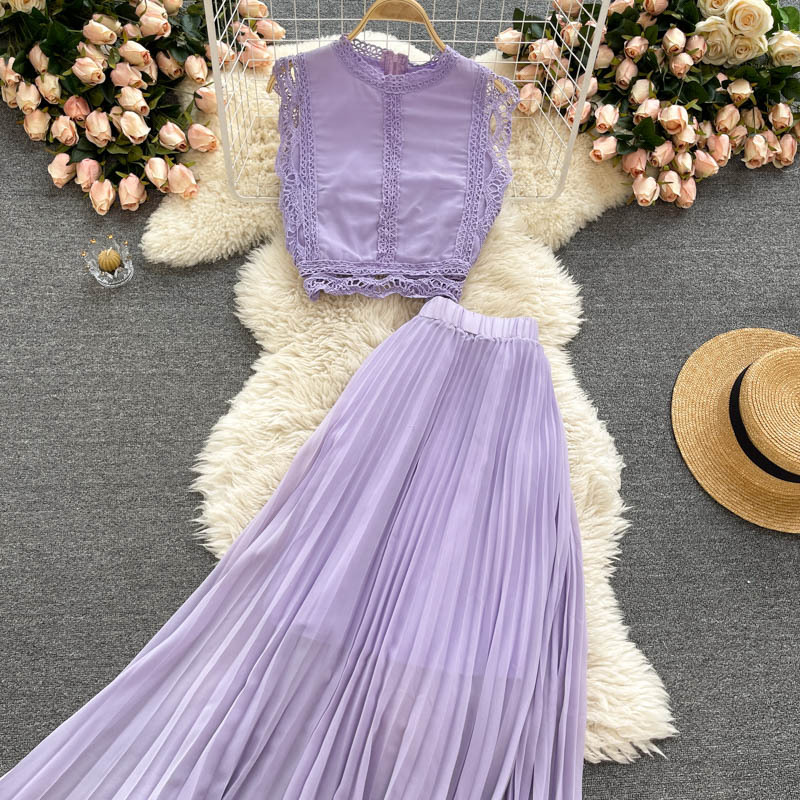 Haut en dentelle pour femmes, taille 1, jupe plissée en mousseline de soie, costume deux pièces_voghion.com