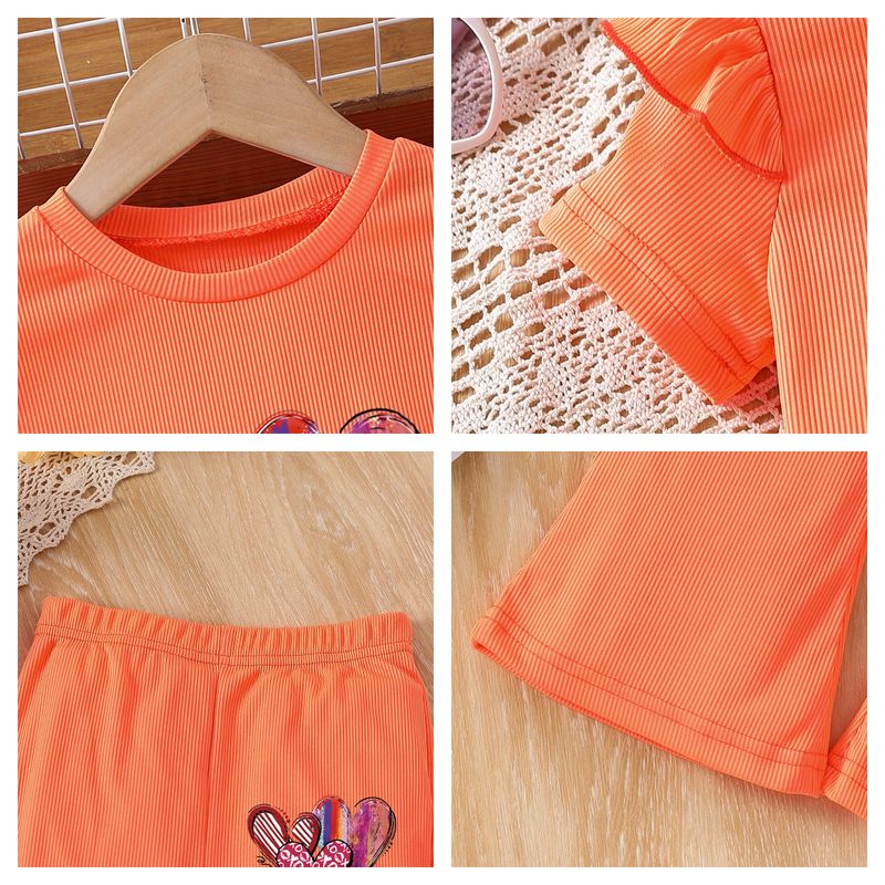 Mutter & Kinder Mädchen mode liebe gedruckt kurzarm hosen zwei-stück sommer rundhals spitze ärmel top anzug_voghion.com