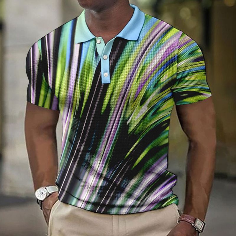 Large men's Polo button style lapel golf shirt gradient print geometric pattern folding_voghion.com