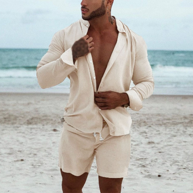 Men's Clothing Men's Casual Cotton And Linen Suits Men's Home Clothes Loose Long Sleeved Shorts Two Piece Suit_voghion.com