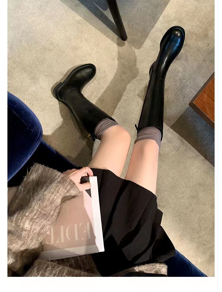 Hot Selg haut de gamme minimaliste bout rond talon bas fermeture éclair latérale mode femme exquis haute qualité longue jambe chevalier_voghion.com