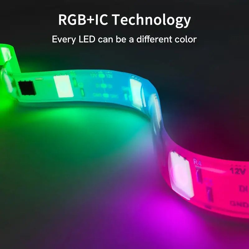 Striscia di luce ambientale LED RGB Smart TV Sync - Mirroring dello schermo con sincronizzazione della fotocamera, telecomando a 24 tasti e controllo Bluetooth, 5050 SMD RGBIC, certificazione CE_voghion.com