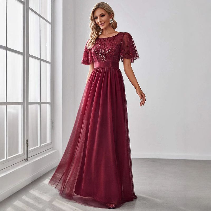 Robe de soirée en dentelle scintillante et robe de bal en tissu maille de soie_voghion.com