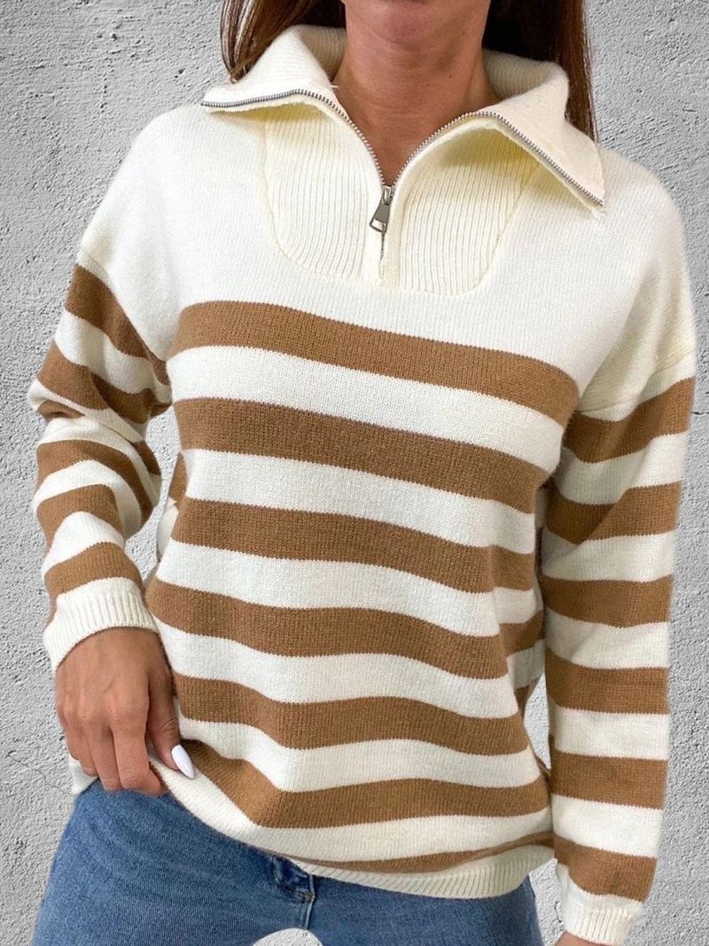 Half rits revers contrasterende kleur losse plus gestreepte gebreide trui jas brede streep_voghion.com