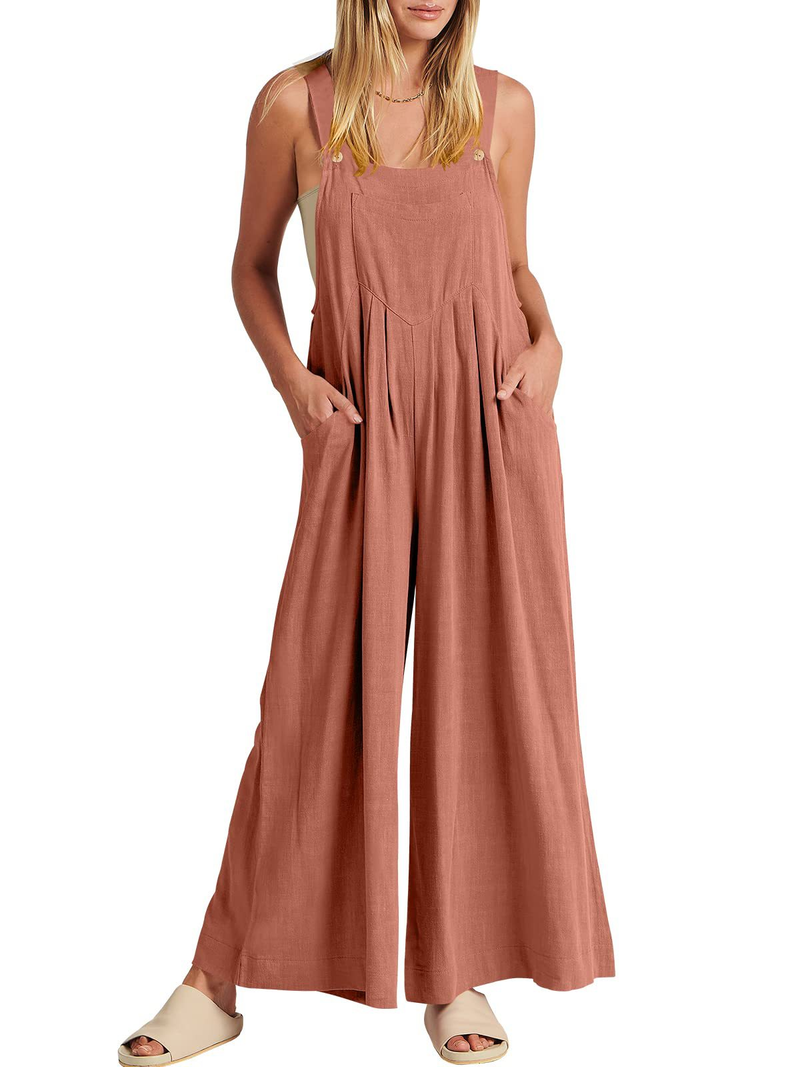 Women's clothing solid color loose casual cotton and linen overalls jumpsuit_voghion.com
