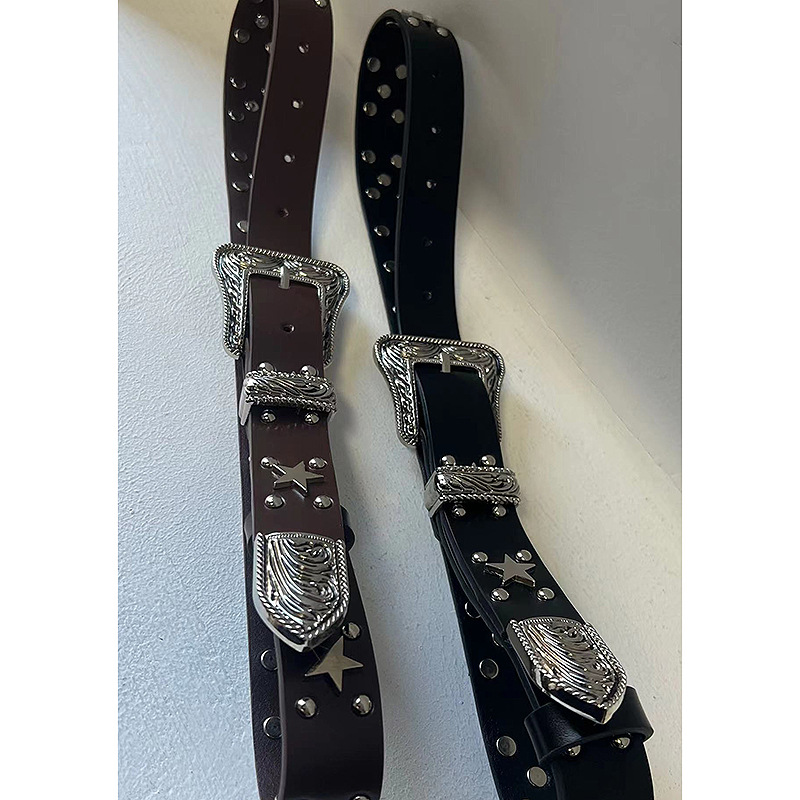 Punk girl three-dimensional five-pointed star rivet millennium y2k retro hot girl concave shape versatile leather belt belt_voghion.com