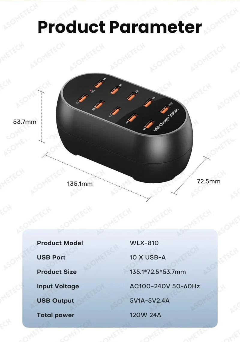 ASOMETECH 10 Port Charger 100V-240V EU US KR UK Plug Desktop USB Charging Station For Multiple Devices iPhone_voghion.com