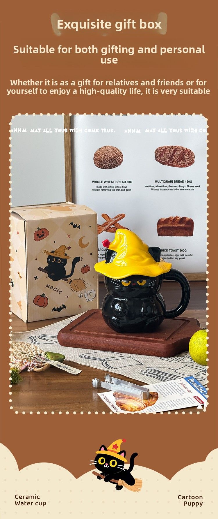 Keramikbecher mit Geisterkatzenmotiv und Deckel – Wasser für Frauen – Neu 2025 – Hochwertiger Becher – Geschenkidee für Zuhause_voghion.com