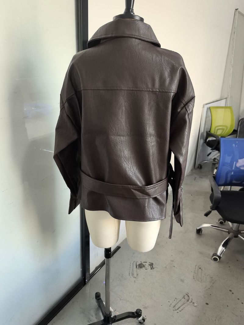 Kurze PU-Lederjacke für Damen mit Gürtel und Stehkragen – Retro-Biker-Stil, lockere Passform für Streetwear-Mode_voghion.com