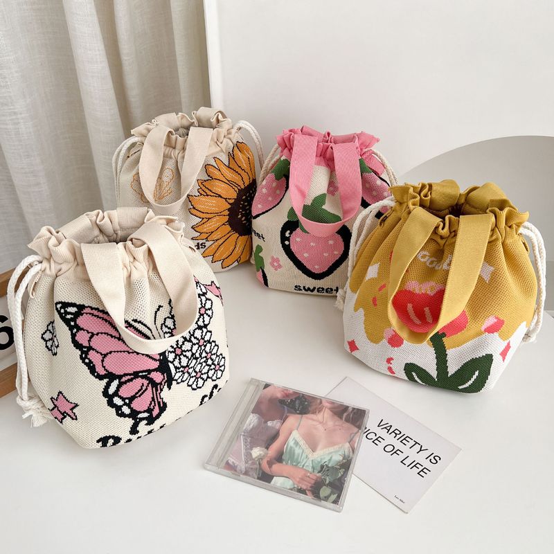 Knitted Bucket For Women With Cartoon Pattern, Cute Handbag, Casual Versatile Drawstring Tote, Underarm Bag, Lunch Bag_voghion.com