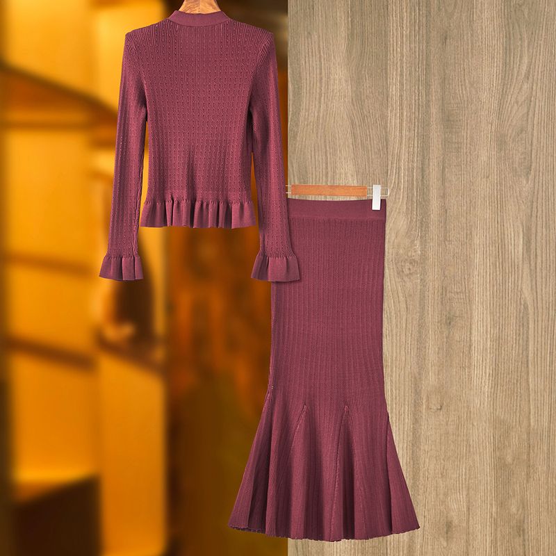 Women's Clothing Spring And Autumn Style Small V Neck Trumpet Sleeve Top Fishtail Skirt Two Piece Suit_voghion.com