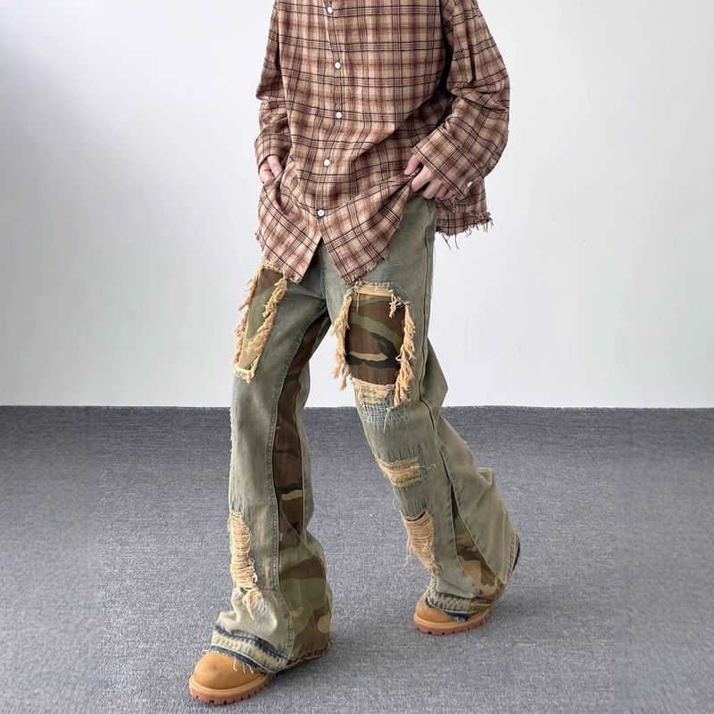 Moške kavbojke High Street Cleanfit Retro Washed Distressed Camouflage Shift Design razširjene hlače_voghion.com