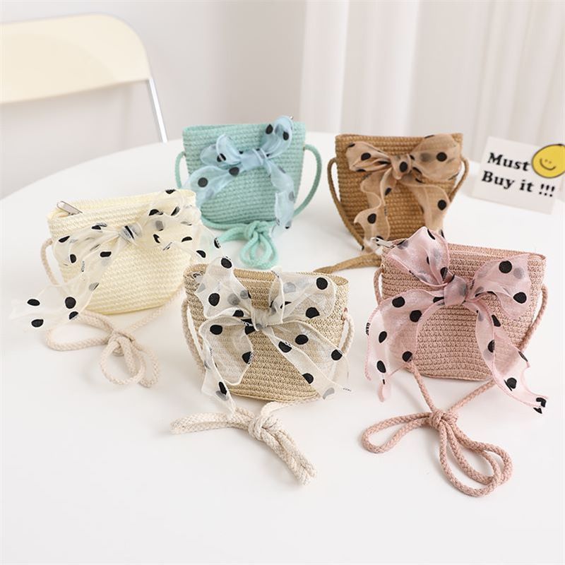 Nuovo set di cappelli e borse parasole con fiocco coreano a pois e onde di paglia per bambini, dolce e carino_voghion.com