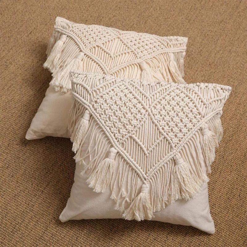 Funda de cojín de macramé tejida a mano con borlas, estilo bohemio, de cuerda de algodón, para sofá de salón, decoración estilo INS_voghion.com