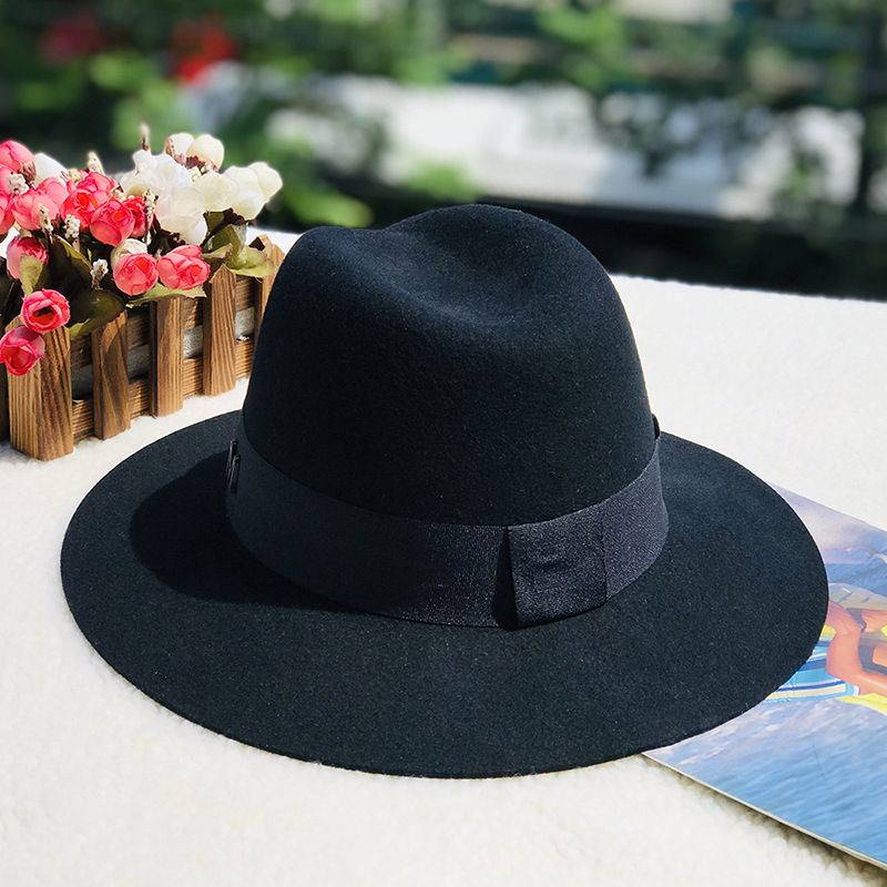 Autumn and winter oblique top hat British pepper letter M wool wide brim hat wool hat_voghion.com