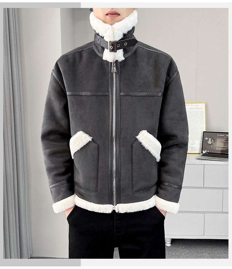 Men's Faux Shearling Lamb Fur Jacket Winter Loose Fit Stand Collar Motorcycle Coat Fleece Lined Thick Warm_voghion.com