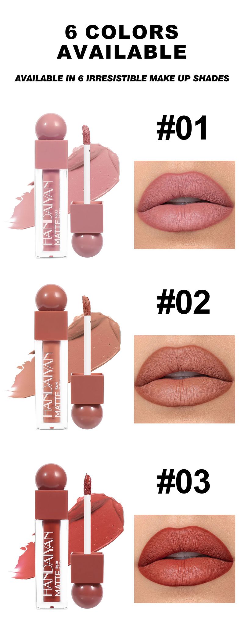 HANDAIYAN 6-Piece Matte Lip Gloss Set - Long-Lasting Waterproof Lipstick, Non-Fading & Non-Sticky, Velvet Finish_voghion.com