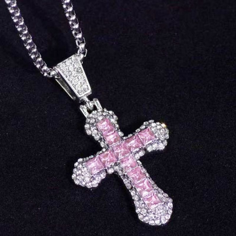 Herenketting Hip Hop Diamant Kruis Zirkonium Rood Blauw Roze Zilver Koppel Hanger Trendy Straataccessoires Voor Mannen En Vrouwen_voghion.com