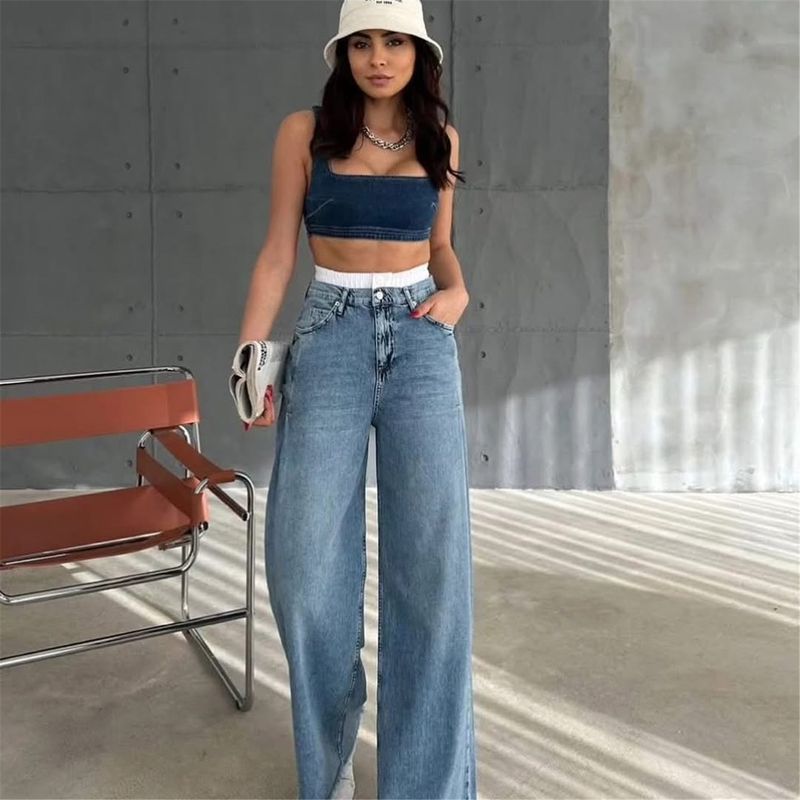 Damenbekleidung Retro-Jeans mit hoher Taille, nicht elastisch, verwaschen, gerade geschnitten, für Damen, angesagte Mode, Kontrastfarbe, Jeans mit weitem Bein_voghion.com