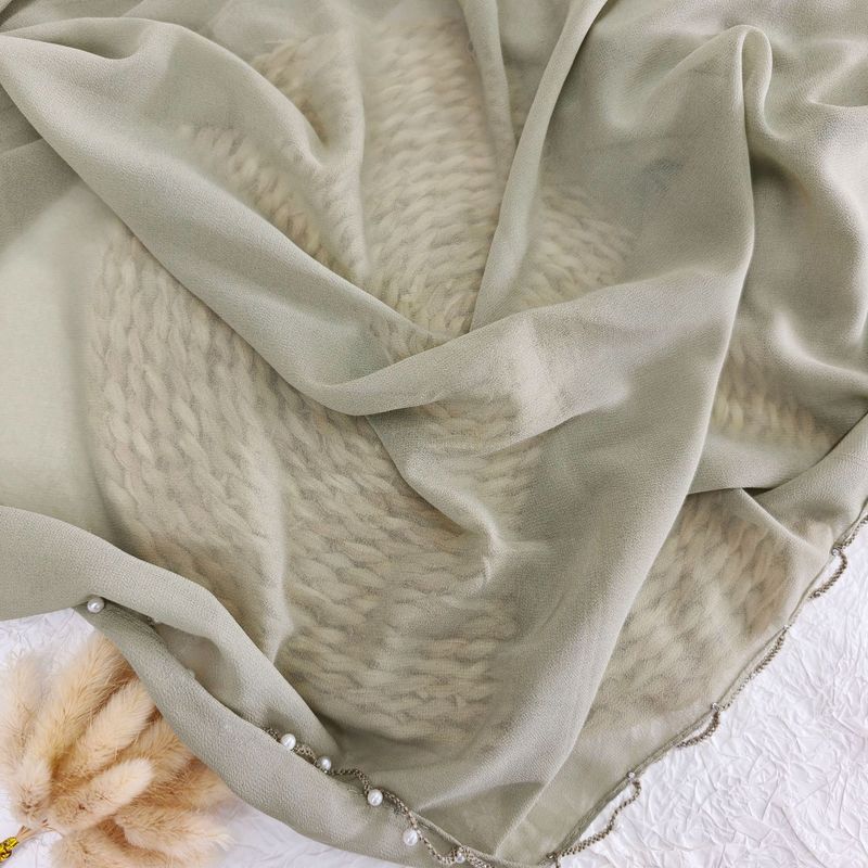 Elegant Chiffon Hijab Scarf With Pearl Beading & Wavy Hem – Lightweight Muslim Head Covering (70x175cm, Breathable, Versatile For Daily Wear)_voghion.com