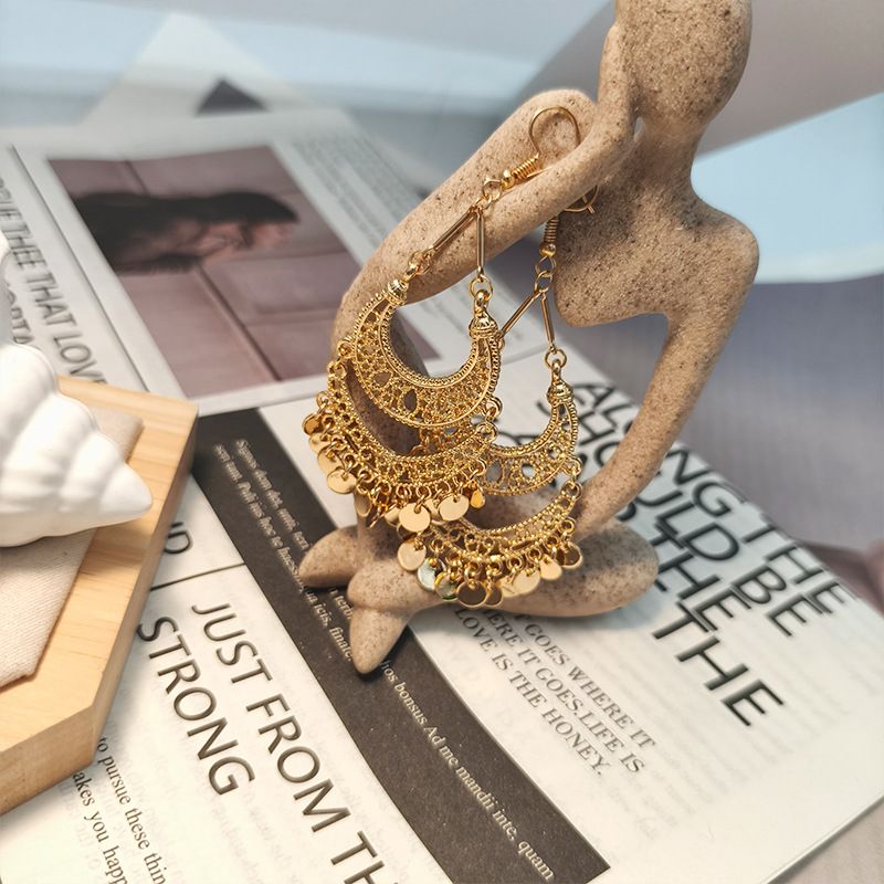 Damen Hohlhaken Runde Scheibe Quaste Lange Ohrringe Ethno-Stil Ohrschmuck_voghion.com